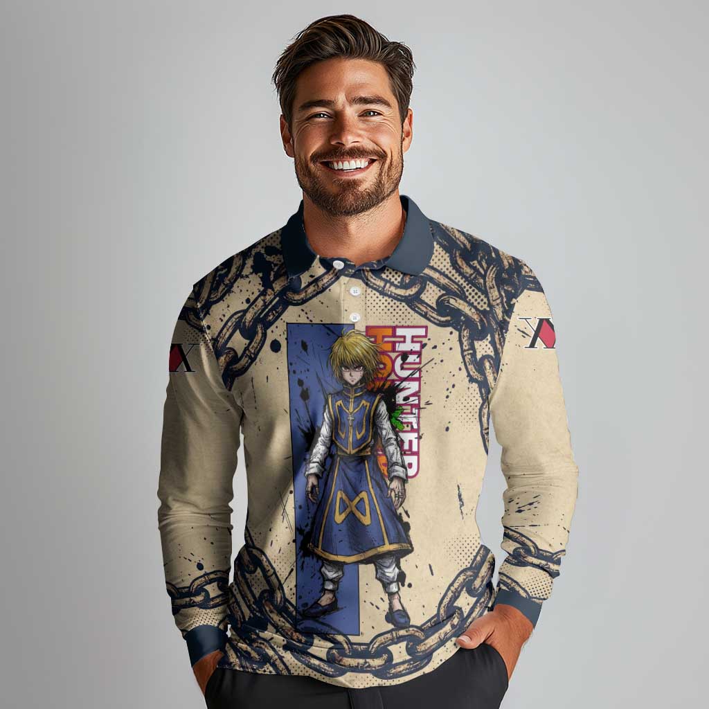 Kurapika Hunter x Hunter Chain Theme Long Sleeve Polo Shirt with Scarlet Eyes and Vintage Anime Artwork Design - The Mazicc