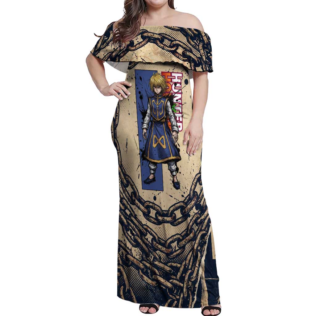 Kurapika Hunter x Hunter Chain Theme Off Shoulder Maxi Dress with Scarlet Eyes and Vintage Anime Artwork Design - The Mazicc