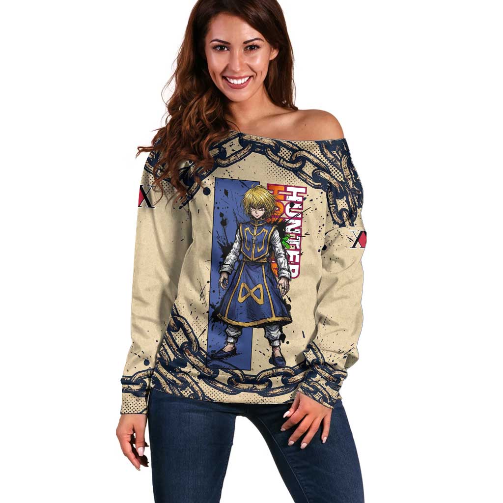 Kurapika Hunter x Hunter Chain Theme Off Shoulder Sweater with Scarlet Eyes and Vintage Anime Artwork Design - The Mazicc