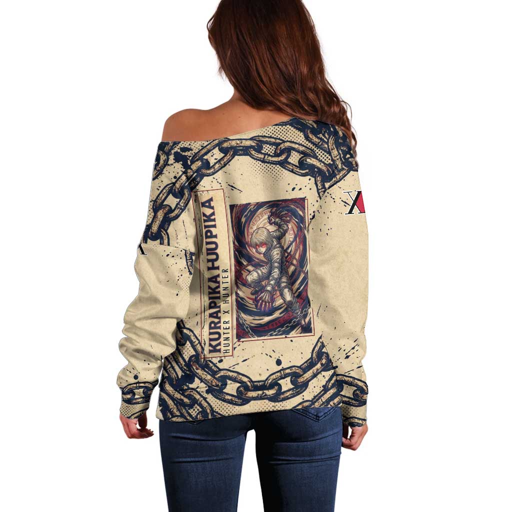Kurapika Hunter x Hunter Chain Theme Off Shoulder Sweater with Scarlet Eyes and Vintage Anime Artwork Design - The Mazicc