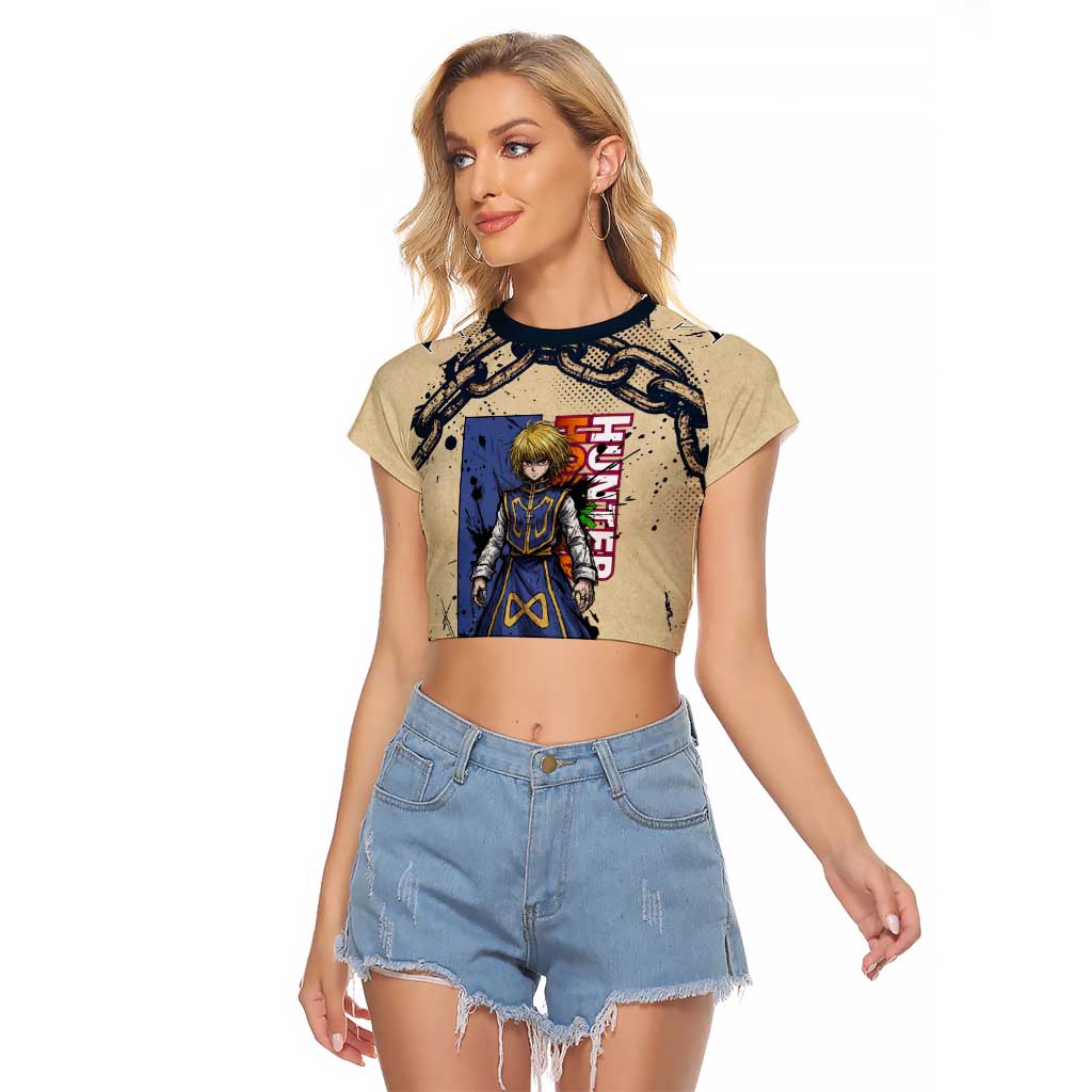 Kurapika Hunter x Hunter Chain Theme Raglan Cropped T Shirt with Scarlet Eyes and Vintage Anime Artwork Design - The Mazicc