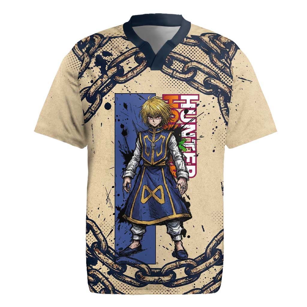 Kurapika Hunter x Hunter Chain Theme Rugby Jersey with Scarlet Eyes and Vintage Anime Artwork Design - The Mazicc