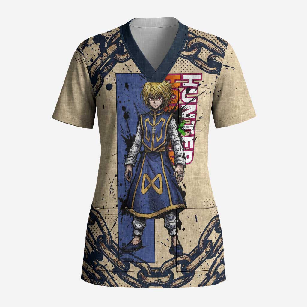Kurapika Hunter x Hunter Chain Theme Scrub Top with Scarlet Eyes and Vintage Anime Artwork Design - The Mazicc