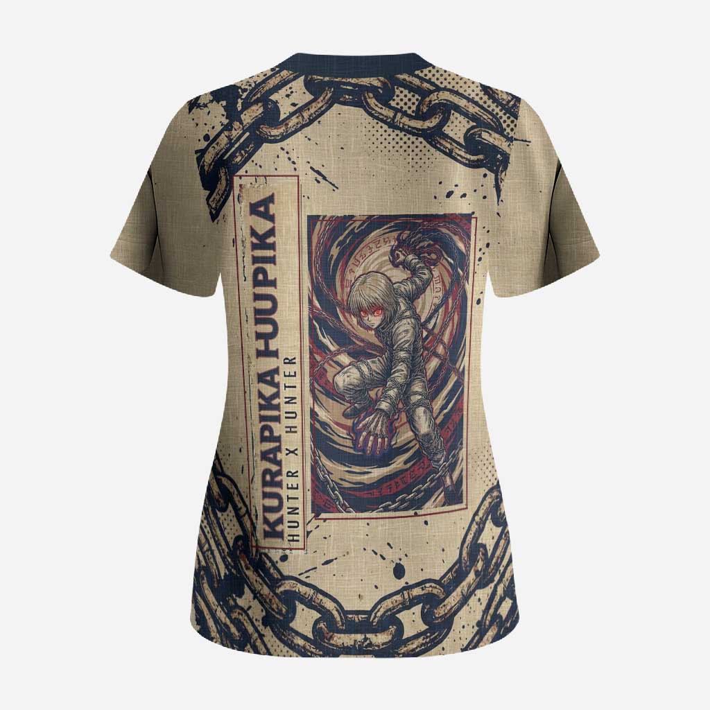 Kurapika Hunter x Hunter Chain Theme Scrub Top with Scarlet Eyes and Vintage Anime Artwork Design - The Mazicc