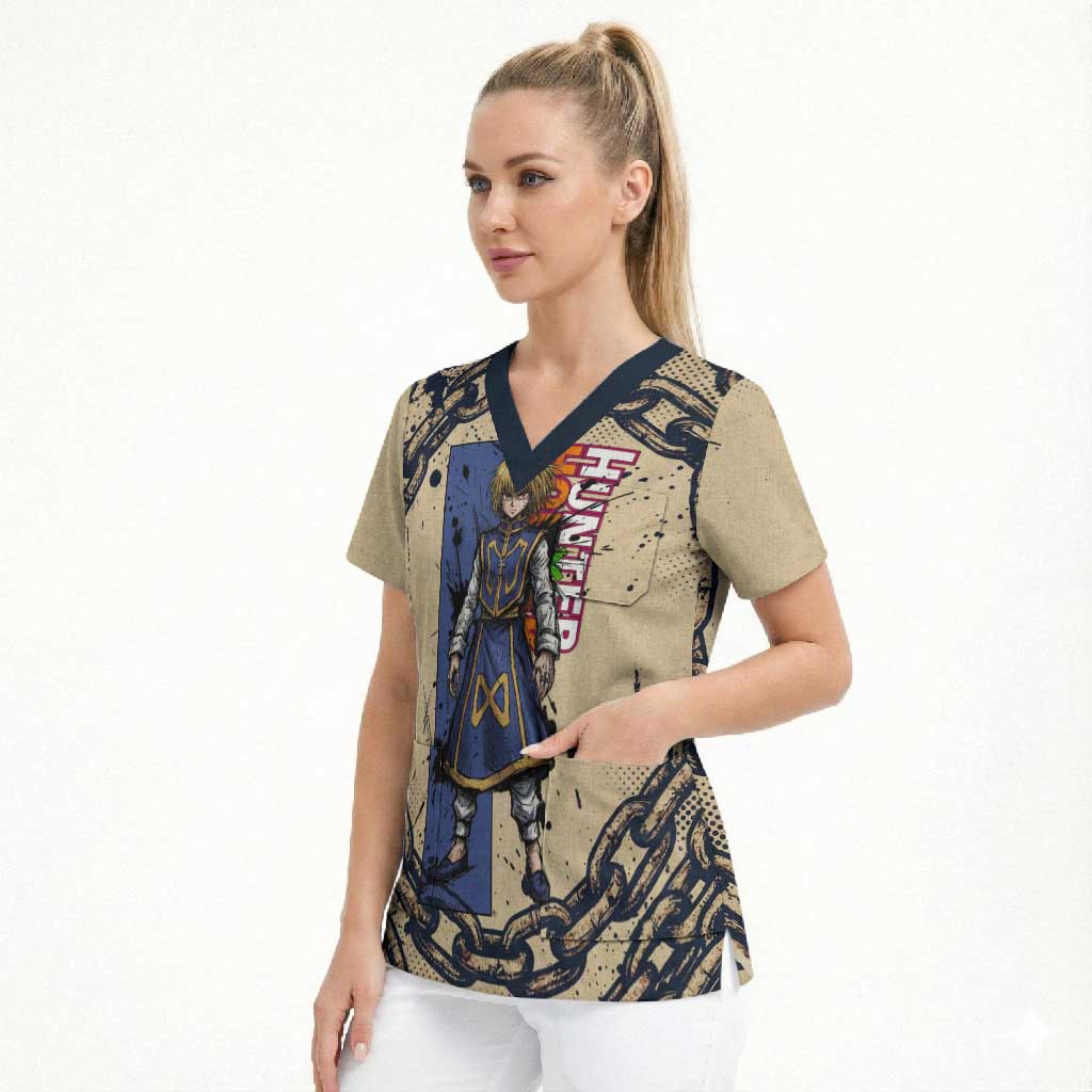 Kurapika Hunter x Hunter Chain Theme Scrub Top with Scarlet Eyes and Vintage Anime Artwork Design - The Mazicc