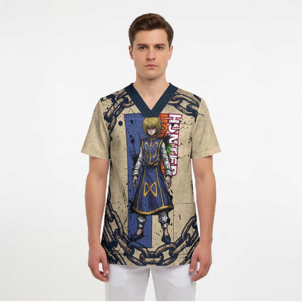 Kurapika Hunter x Hunter Chain Theme Scrub Top with Scarlet Eyes and Vintage Anime Artwork Design - The Mazicc