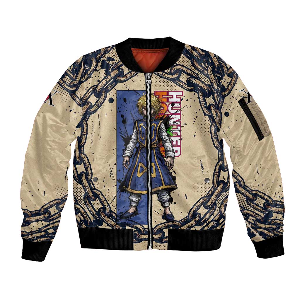Kurapika Hunter x Hunter Chain Theme Sleeve Zip Bomber Jacket with Scarlet Eyes and Vintage Anime Artwork Design - The Mazicc