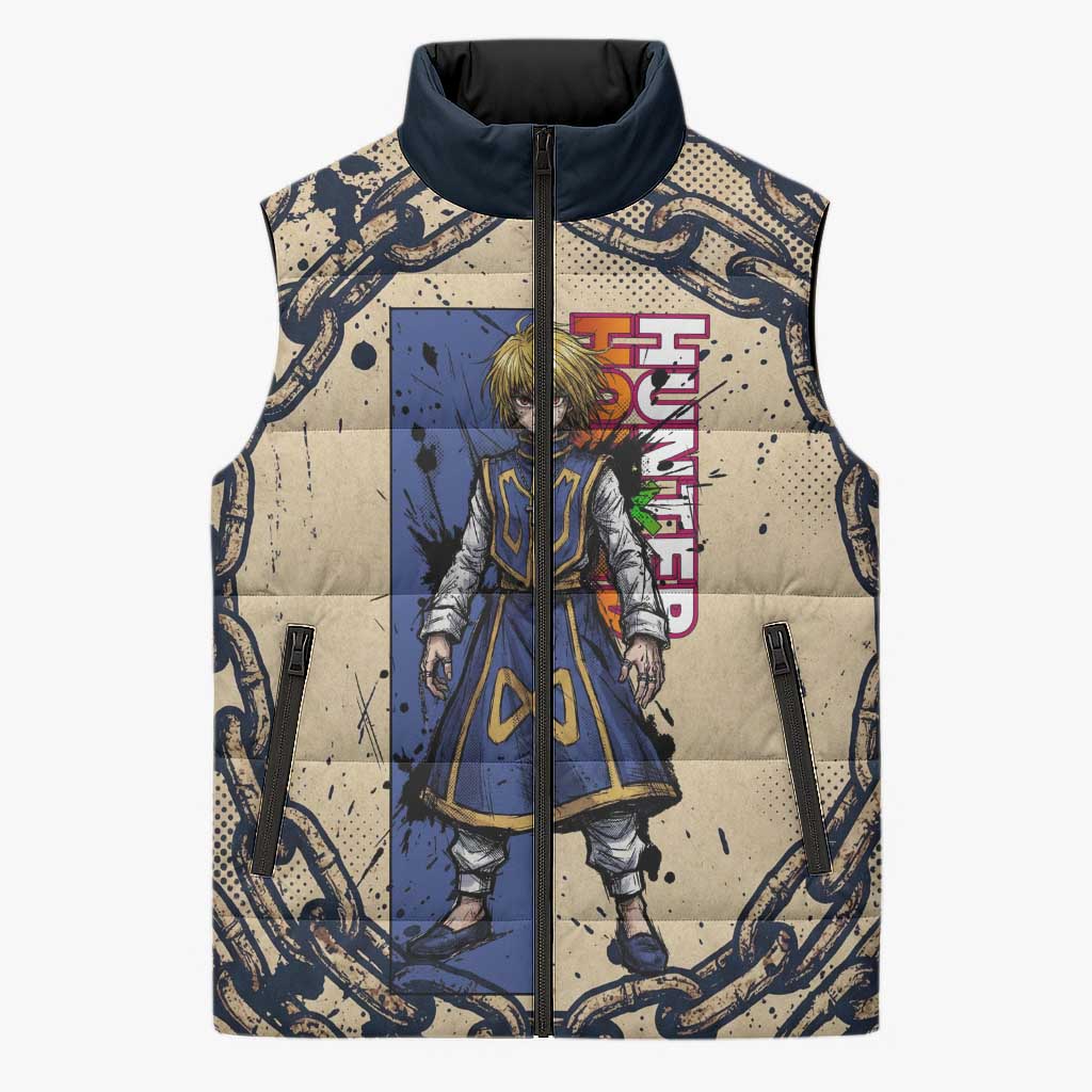 Kurapika Hunter x Hunter Chain Theme Sleeveless Puffer Jacket with Scarlet Eyes and Vintage Anime Artwork Design - The Mazicc