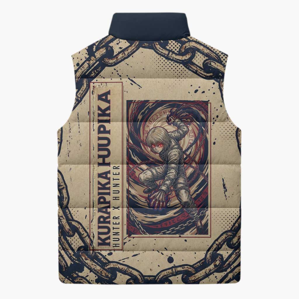 Kurapika Hunter x Hunter Chain Theme Sleeveless Puffer Jacket with Scarlet Eyes and Vintage Anime Artwork Design - The Mazicc
