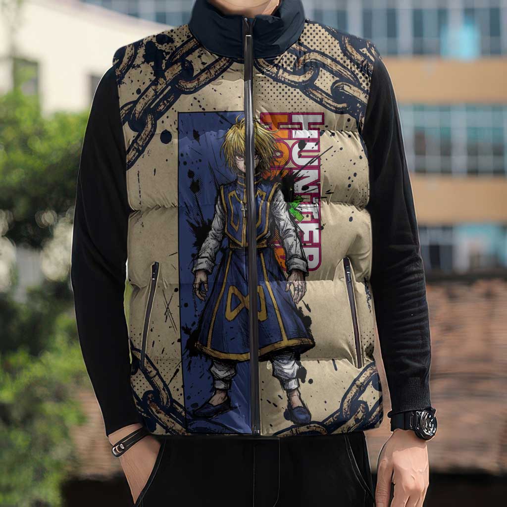 Kurapika Hunter x Hunter Chain Theme Sleeveless Puffer Jacket with Scarlet Eyes and Vintage Anime Artwork Design - The Mazicc