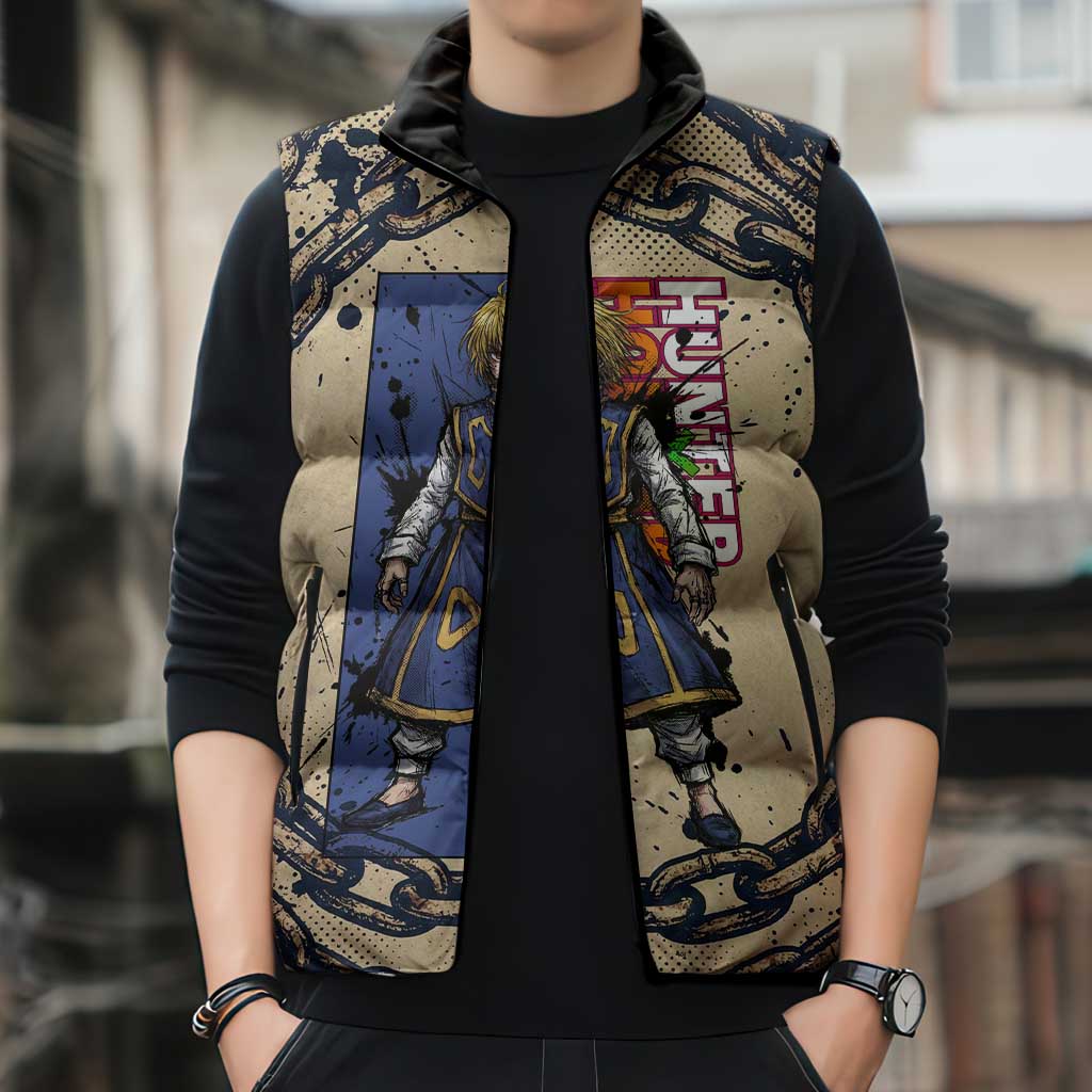 Kurapika Hunter x Hunter Chain Theme Sleeveless Puffer Jacket with Scarlet Eyes and Vintage Anime Artwork Design - The Mazicc