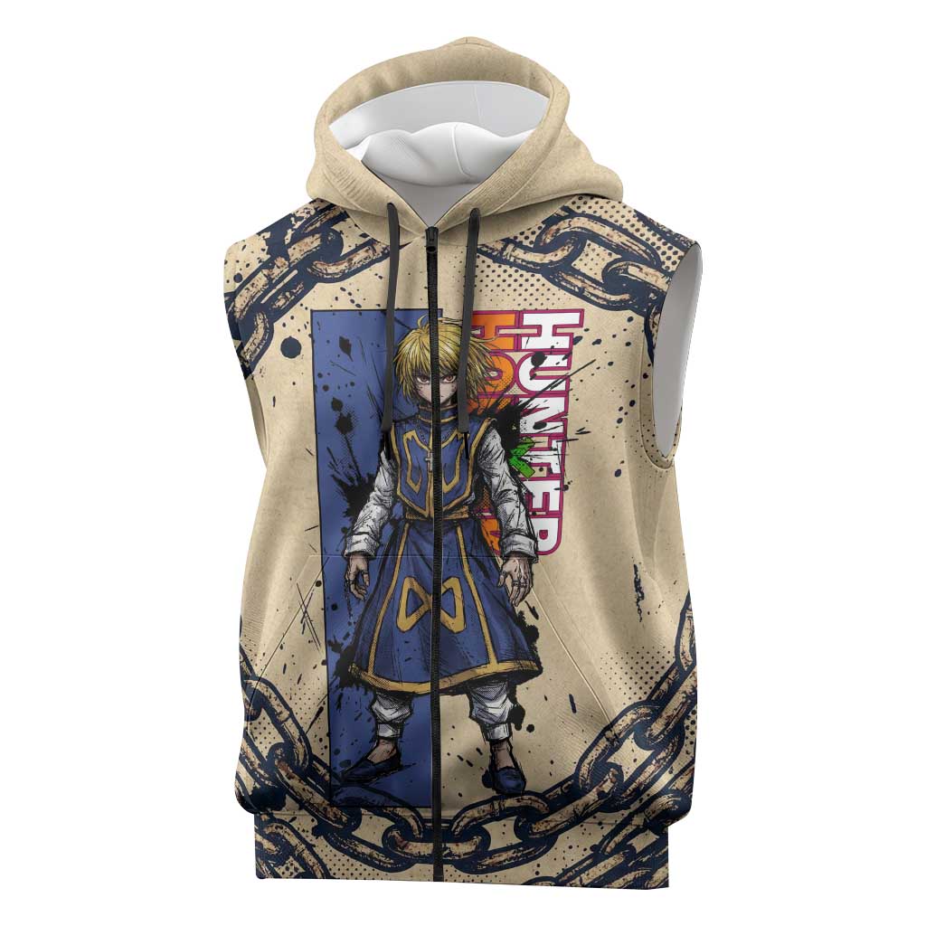 Kurapika Hunter x Hunter Chain Theme Sleeveless Zip Hoodie with Scarlet Eyes and Vintage Anime Artwork Design - The Mazicc