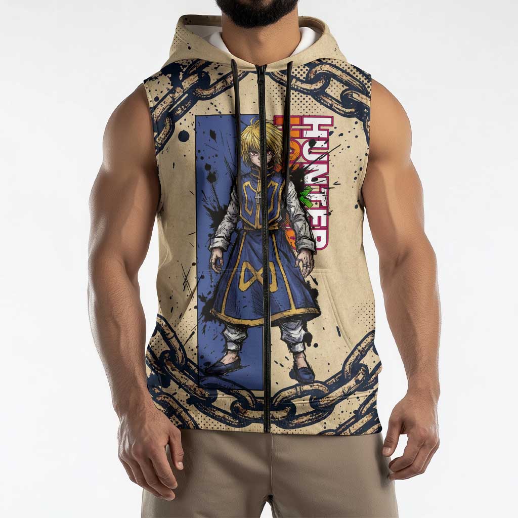 Kurapika Hunter x Hunter Chain Theme Sleeveless Zip Hoodie with Scarlet Eyes and Vintage Anime Artwork Design - The Mazicc