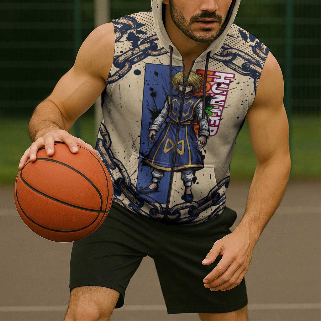Kurapika Hunter x Hunter Chain Theme Sleeveless Zip Hoodie with Scarlet Eyes and Vintage Anime Artwork Design - The Mazicc