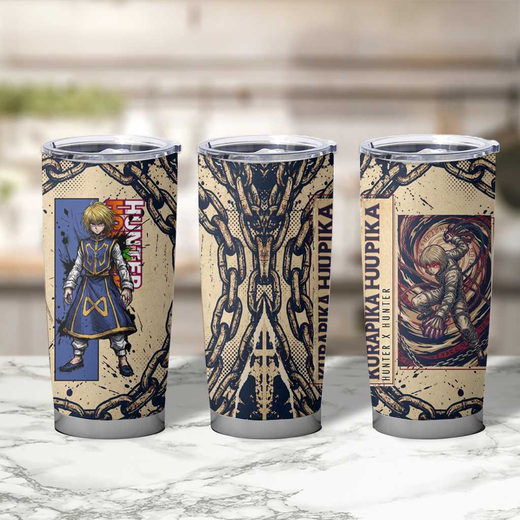 Kurapika Hunter x Hunter Chain Theme Tumbler Cup with Scarlet Eyes and Vintage Anime Artwork Design - The Mazicc