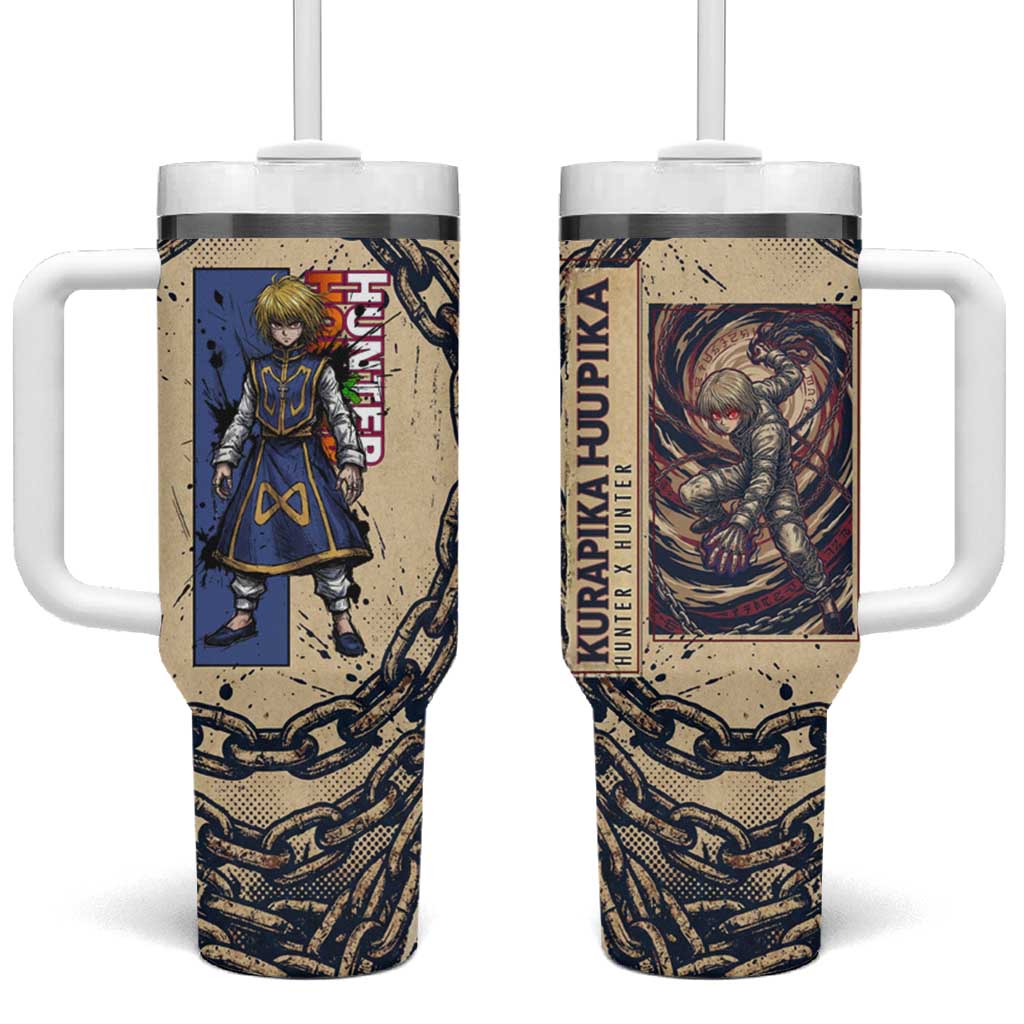 Kurapika Hunter x Hunter Chain Theme Tumbler With Handle with Scarlet Eyes and Vintage Anime Artwork Design - The Mazicc