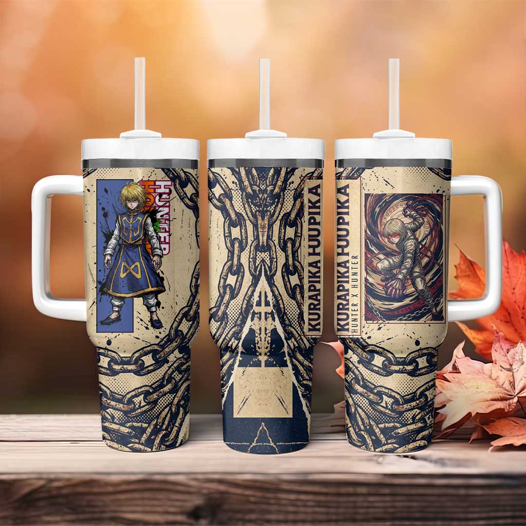 Kurapika Hunter x Hunter Chain Theme Tumbler With Handle with Scarlet Eyes and Vintage Anime Artwork Design - The Mazicc