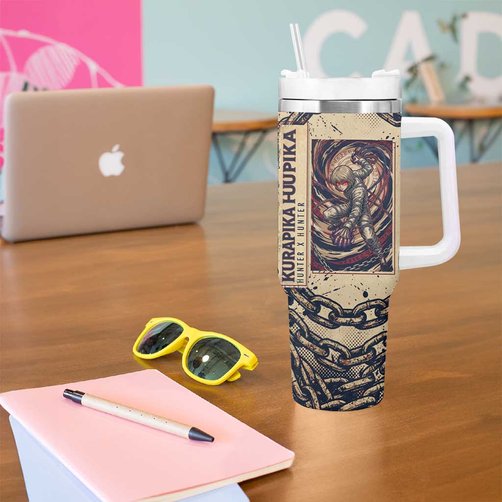 Kurapika Hunter x Hunter Chain Theme Tumbler With Handle with Scarlet Eyes and Vintage Anime Artwork Design - The Mazicc
