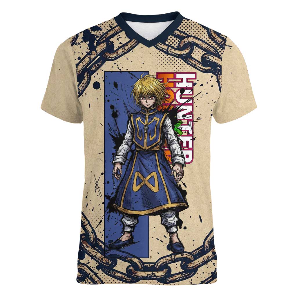 Kurapika Hunter x Hunter Chain Theme Women V-Neck T-Shirt with Scarlet Eyes and Vintage Anime Artwork Design - The Mazicc