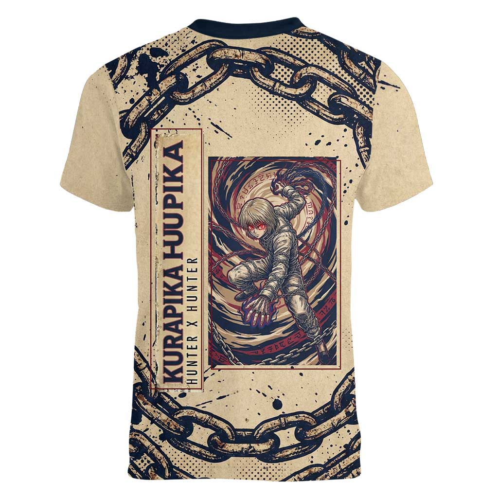 Kurapika Hunter x Hunter Chain Theme Women V-Neck T-Shirt with Scarlet Eyes and Vintage Anime Artwork Design - The Mazicc