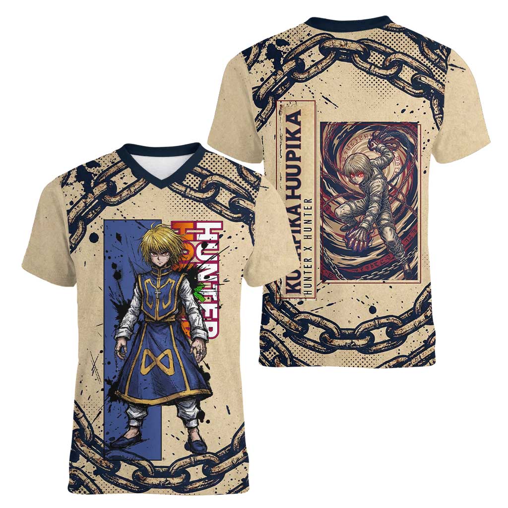 Kurapika Hunter x Hunter Chain Theme Women V-Neck T-Shirt with Scarlet Eyes and Vintage Anime Artwork Design - The Mazicc