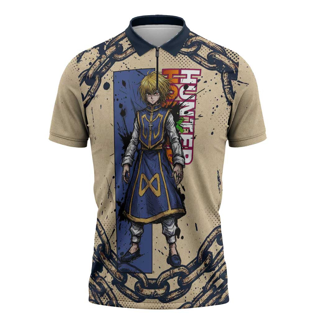 Kurapika Hunter x Hunter Chain Theme Zipper Polo Shirt with Scarlet Eyes and Vintage Anime Artwork Design - The Mazicc