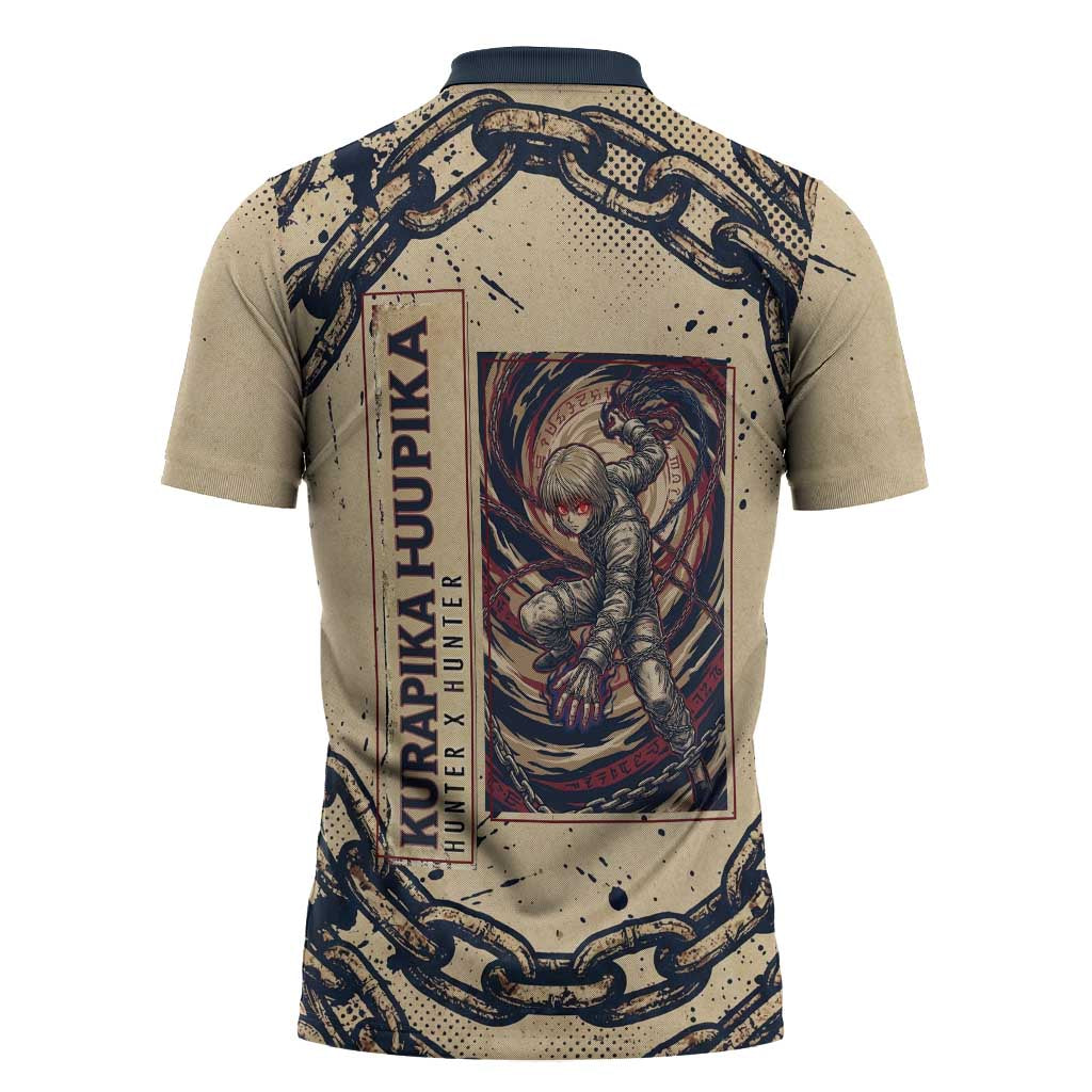 Kurapika Hunter x Hunter Chain Theme Zipper Polo Shirt with Scarlet Eyes and Vintage Anime Artwork Design - The Mazicc