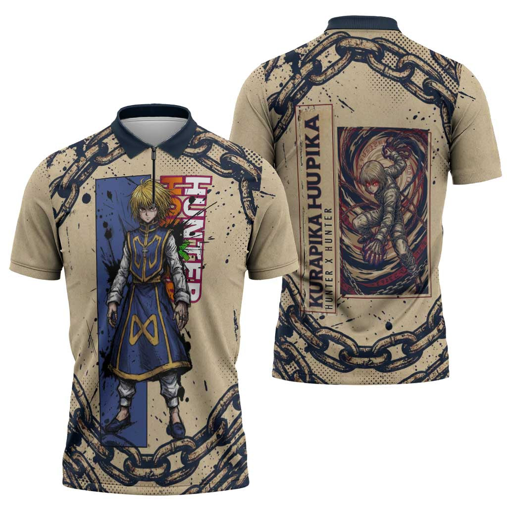 Kurapika Hunter x Hunter Chain Theme Zipper Polo Shirt with Scarlet Eyes and Vintage Anime Artwork Design - The Mazicc