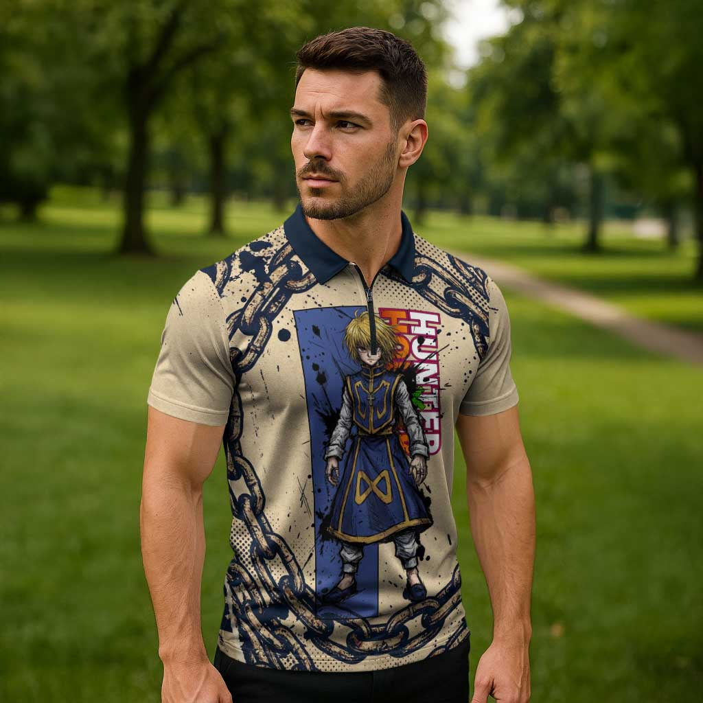 Kurapika Hunter x Hunter Chain Theme Zipper Polo Shirt with Scarlet Eyes and Vintage Anime Artwork Design - The Mazicc
