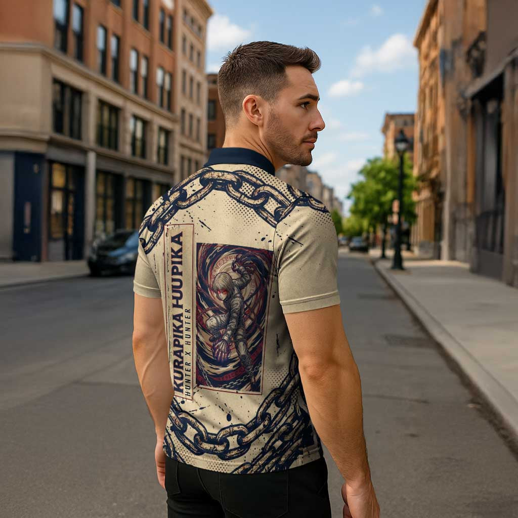 Kurapika Hunter x Hunter Chain Theme Zipper Polo Shirt with Scarlet Eyes and Vintage Anime Artwork Design - The Mazicc