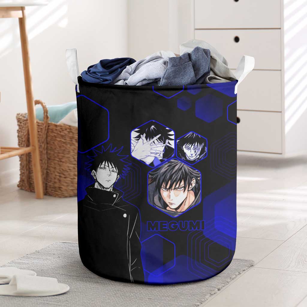 Megumi Fushiguro Jujutsu Kaisen Blue Hexagon Design Laundry Basket with Shadow Techniques and Manga Style Art - The Mazicc