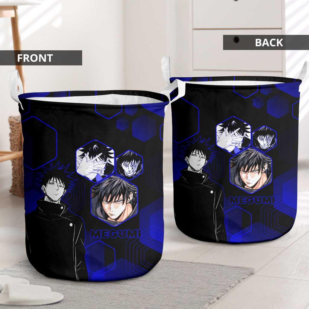 Megumi Fushiguro Jujutsu Kaisen Blue Hexagon Design Laundry Basket with Shadow Techniques and Manga Style Art - The Mazicc