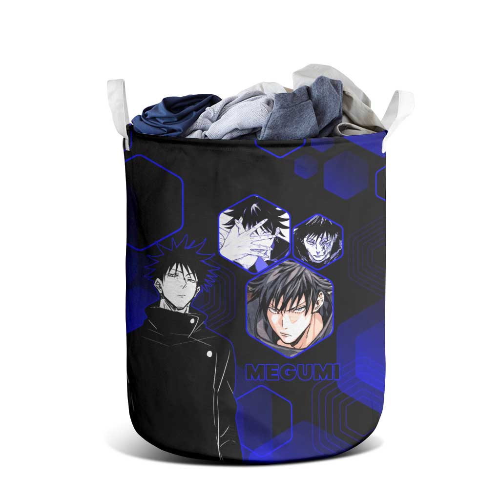 Megumi Fushiguro Jujutsu Kaisen Blue Hexagon Design Laundry Basket with Shadow Techniques and Manga Style Art - The Mazicc