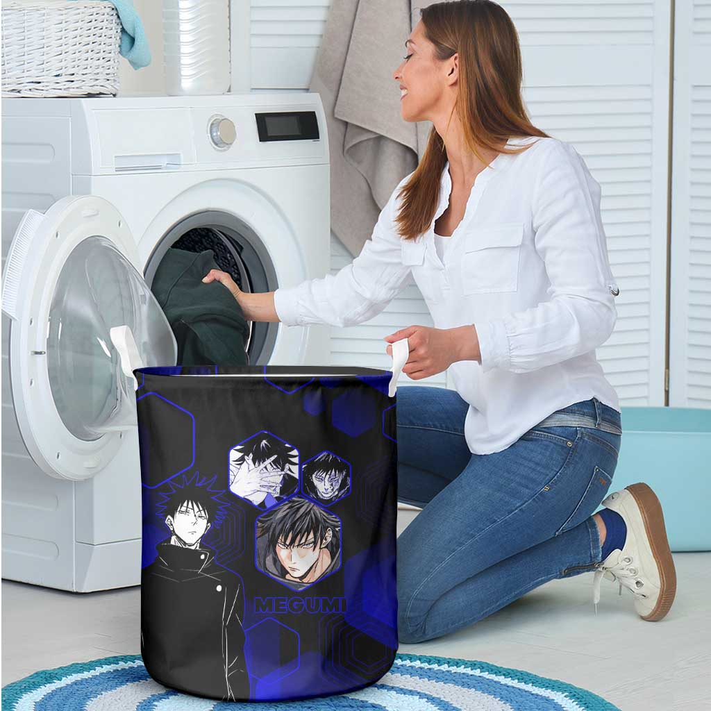 Megumi Fushiguro Jujutsu Kaisen Blue Hexagon Design Laundry Basket with Shadow Techniques and Manga Style Art - The Mazicc
