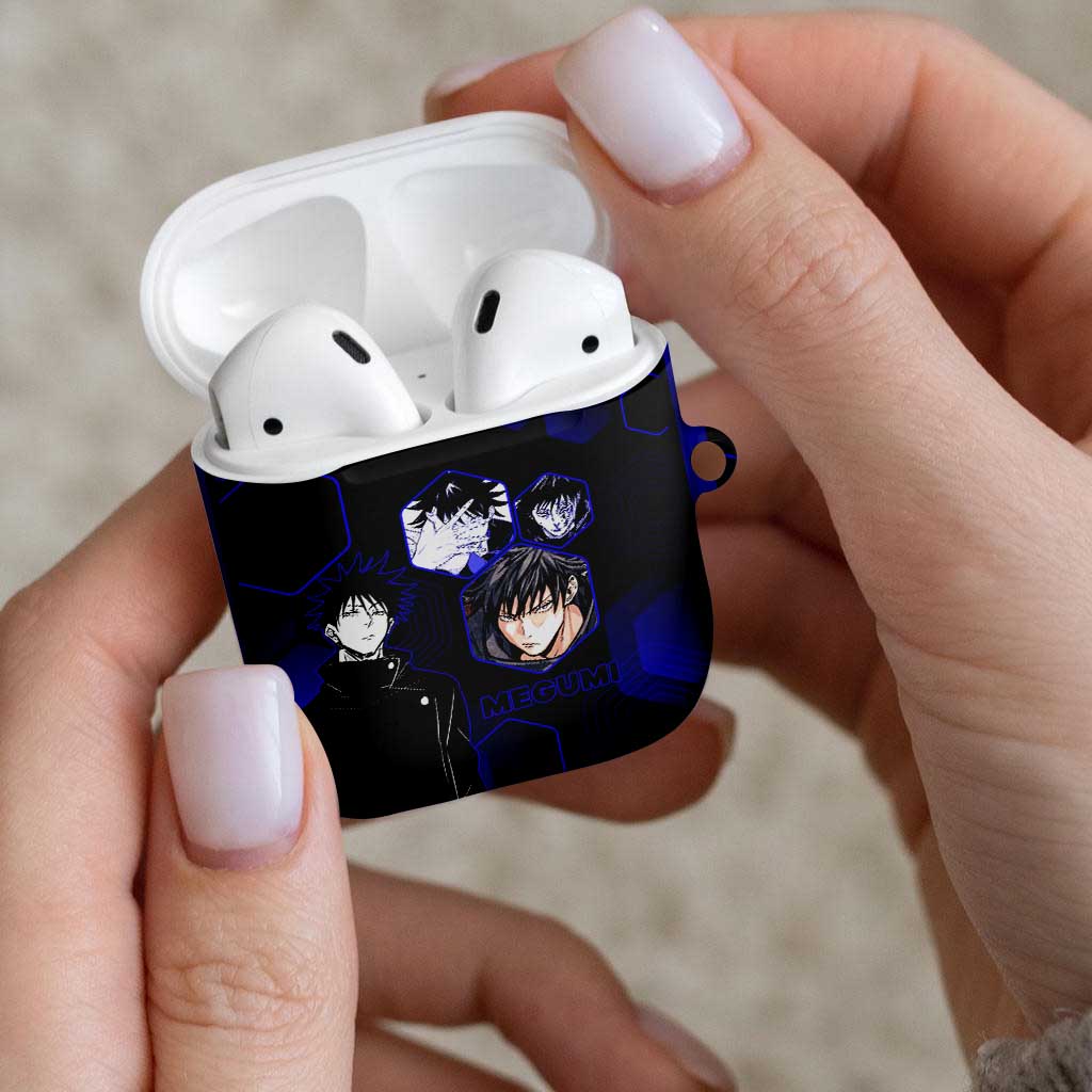 Megumi Fushiguro Jujutsu Kaisen Blue Hexagon Design AirPods Case with Shadow Techniques and Manga Style Art - The Mazicc