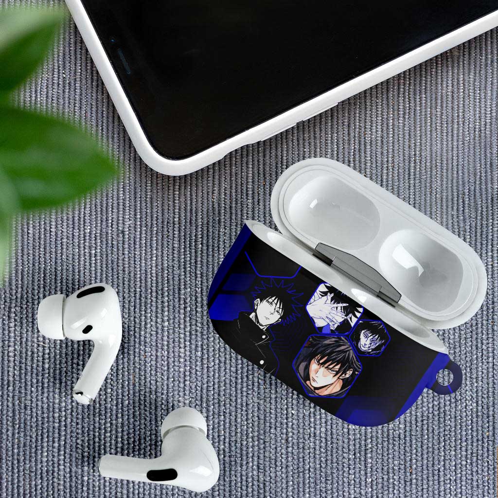 Megumi Fushiguro Jujutsu Kaisen Blue Hexagon Design AirPods Case with Shadow Techniques and Manga Style Art - The Mazicc