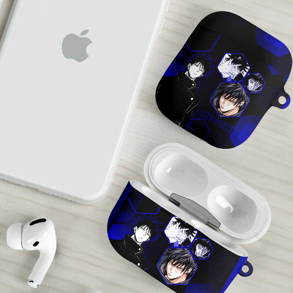 Megumi Fushiguro Jujutsu Kaisen Blue Hexagon Design AirPods Case with Shadow Techniques and Manga Style Art - The Mazicc