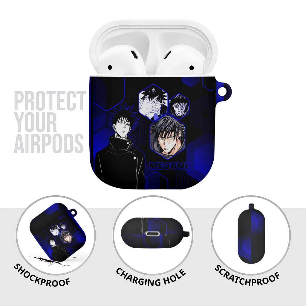Megumi Fushiguro Jujutsu Kaisen Blue Hexagon Design AirPods Case with Shadow Techniques and Manga Style Art - The Mazicc