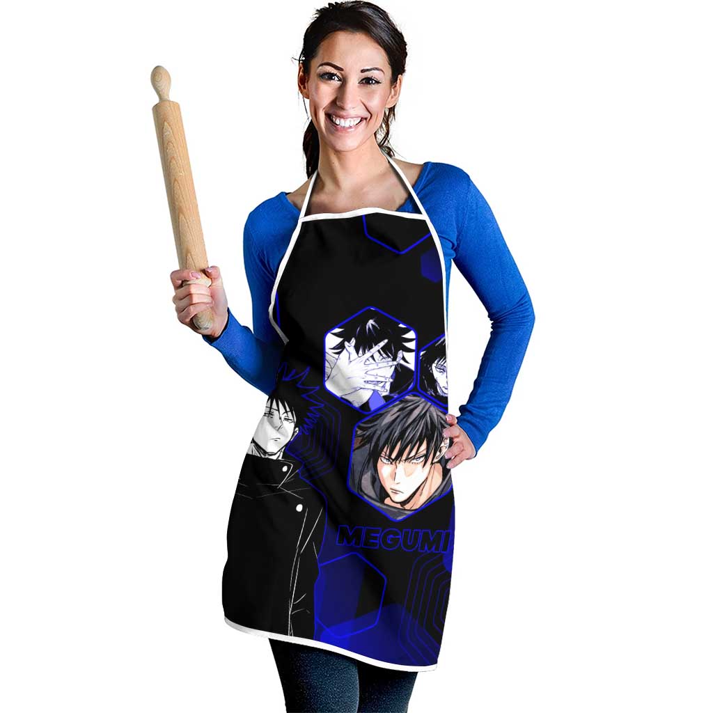 Megumi Fushiguro Jujutsu Kaisen Blue Hexagon Design Apron with Shadow Techniques and Manga Style Art - The Mazicc