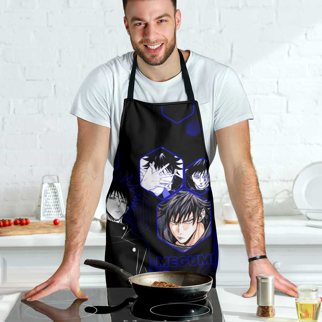Megumi Fushiguro Jujutsu Kaisen Blue Hexagon Design Apron with Shadow Techniques and Manga Style Art - The Mazicc