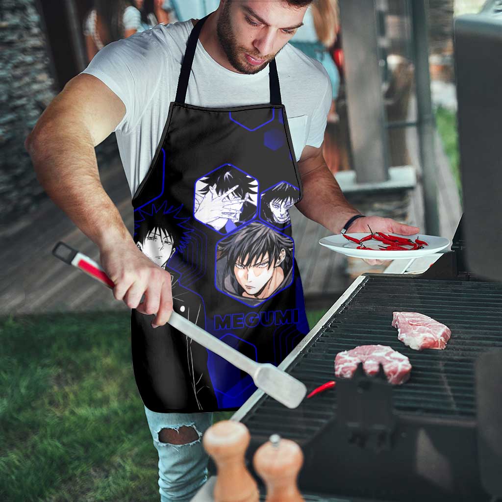 Megumi Fushiguro Jujutsu Kaisen Blue Hexagon Design Apron with Shadow Techniques and Manga Style Art - The Mazicc