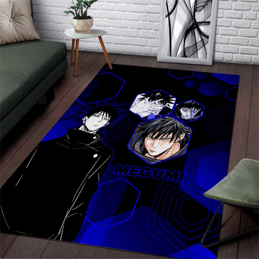 Megumi Fushiguro Jujutsu Kaisen Blue Hexagon Design Area Rug with Shadow Techniques and Manga Style Art - The Mazicc