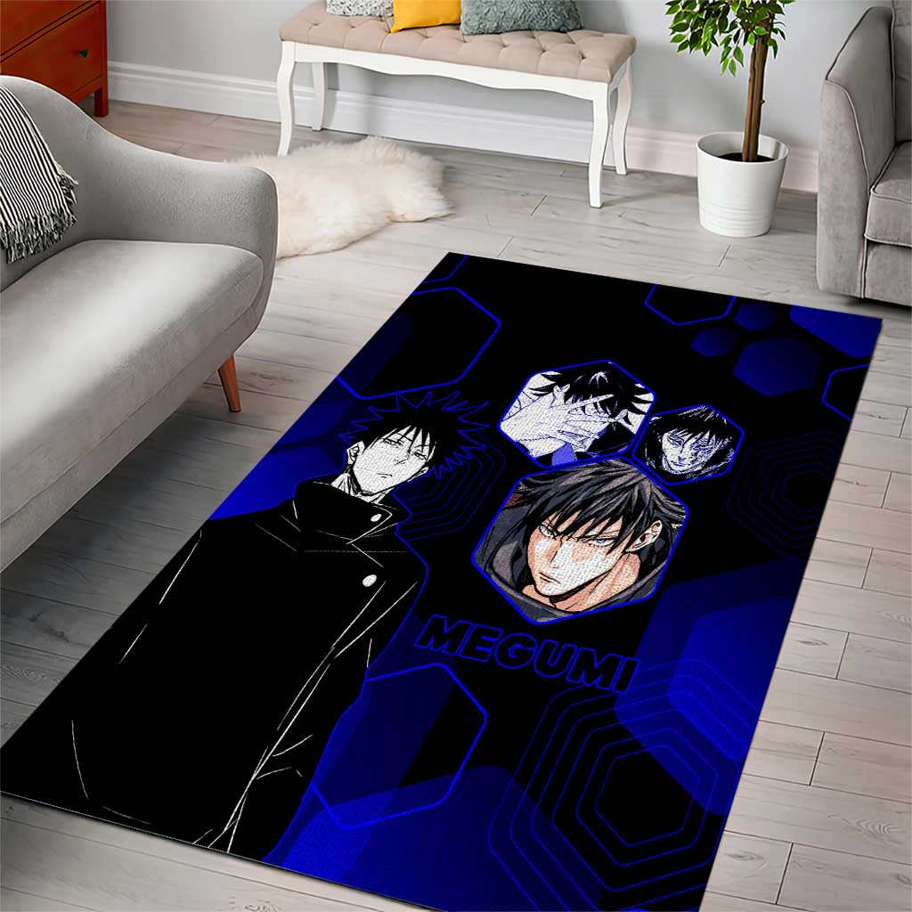 Megumi Fushiguro Jujutsu Kaisen Blue Hexagon Design Area Rug with Shadow Techniques and Manga Style Art - The Mazicc