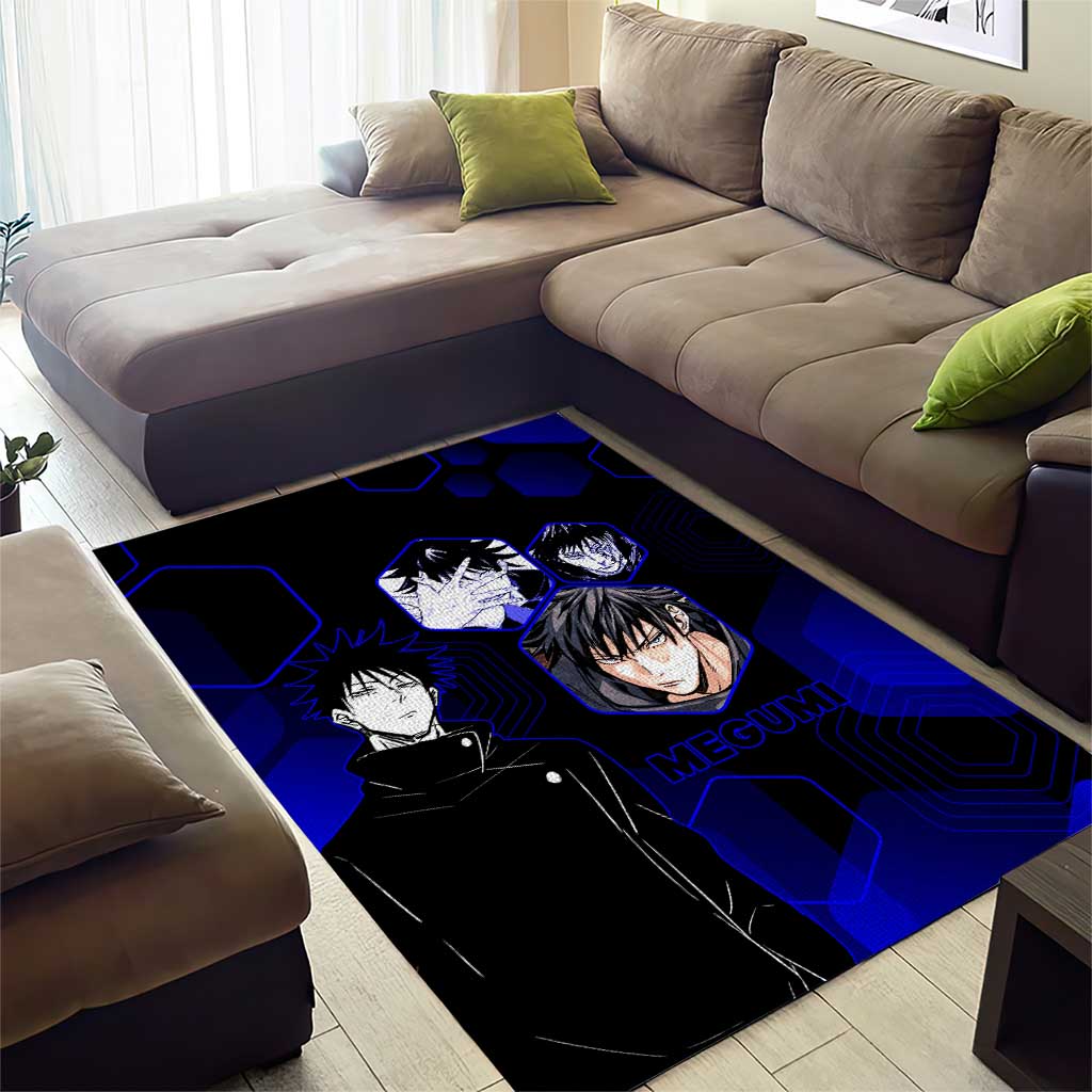Megumi Fushiguro Jujutsu Kaisen Blue Hexagon Design Area Rug with Shadow Techniques and Manga Style Art - The Mazicc