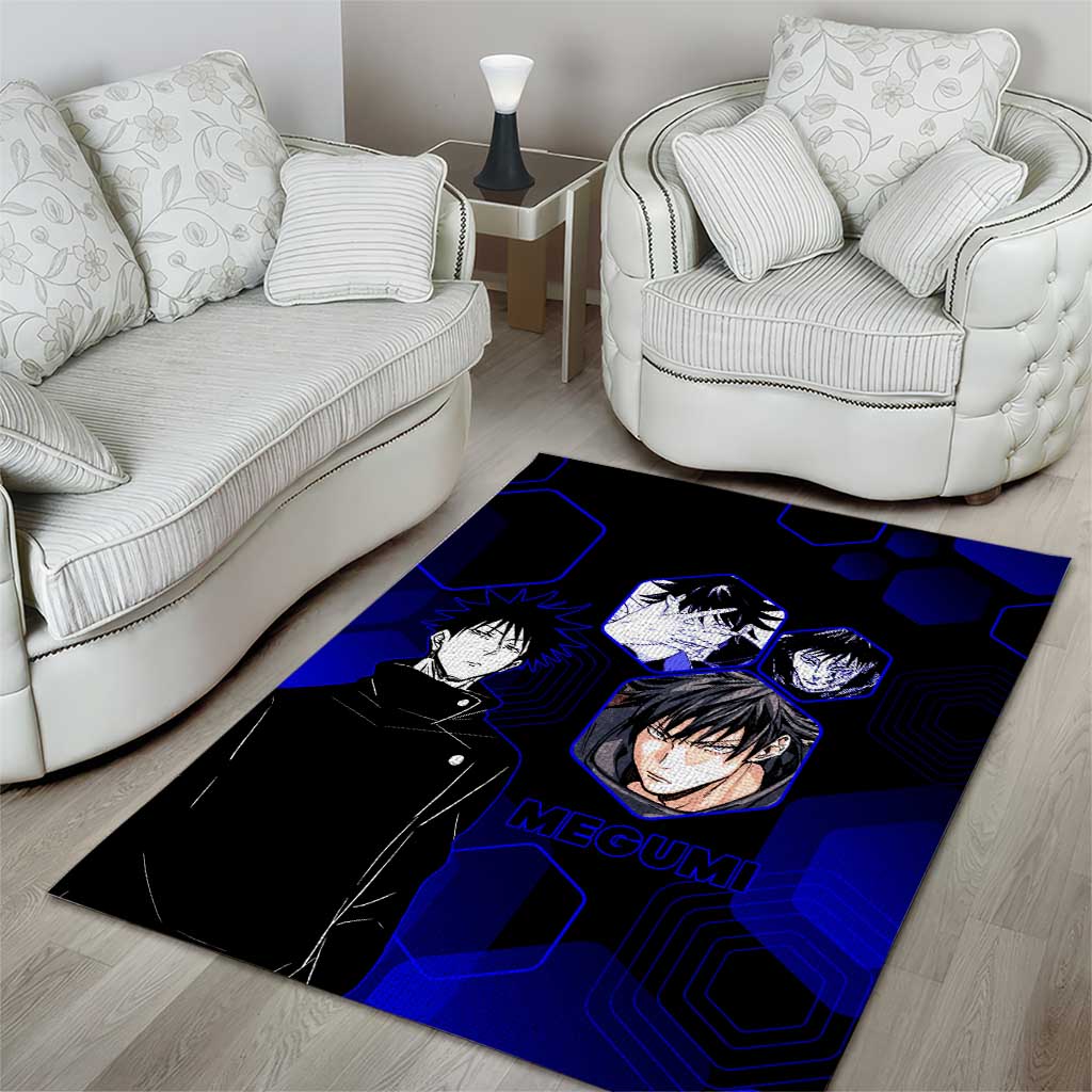 Megumi Fushiguro Jujutsu Kaisen Blue Hexagon Design Area Rug with Shadow Techniques and Manga Style Art - The Mazicc