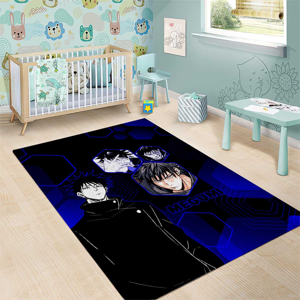 Megumi Fushiguro Jujutsu Kaisen Blue Hexagon Design Area Rug with Shadow Techniques and Manga Style Art - The Mazicc