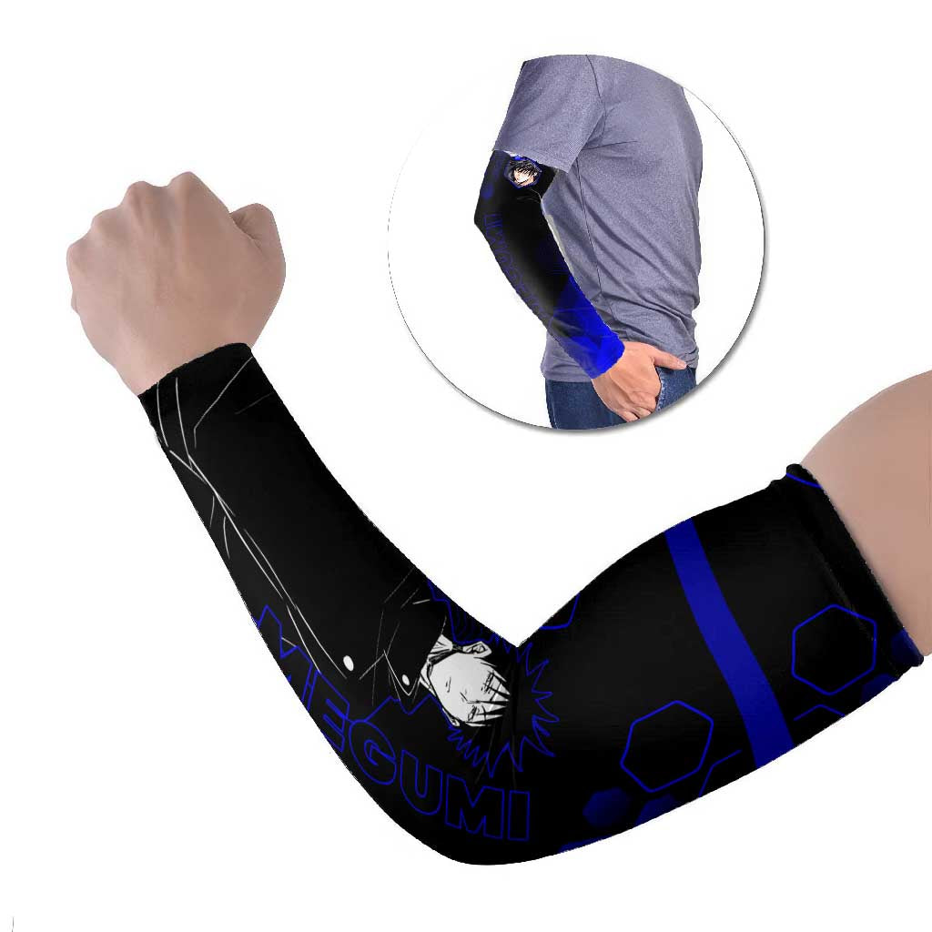 Megumi Fushiguro Jujutsu Kaisen Blue Hexagon Design Arm Sleeves with Shadow Techniques and Manga Style Art - The Mazicc