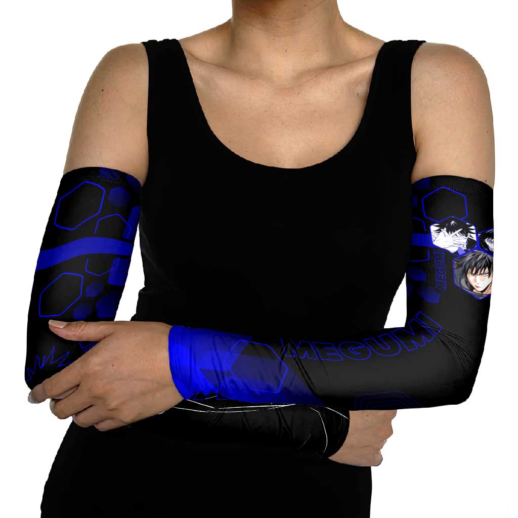 Megumi Fushiguro Jujutsu Kaisen Blue Hexagon Design Arm Sleeves with Shadow Techniques and Manga Style Art - The Mazicc