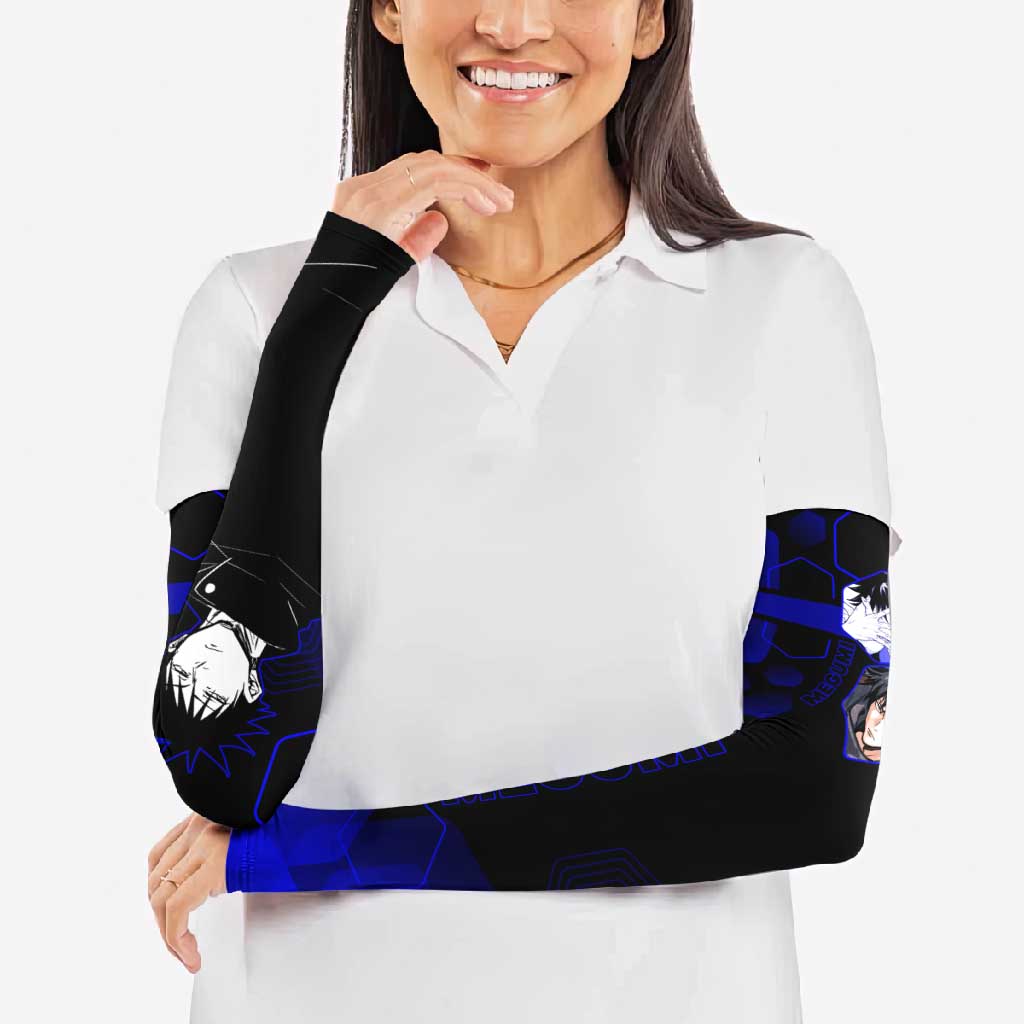 Megumi Fushiguro Jujutsu Kaisen Blue Hexagon Design Arm Sleeves with Shadow Techniques and Manga Style Art - The Mazicc