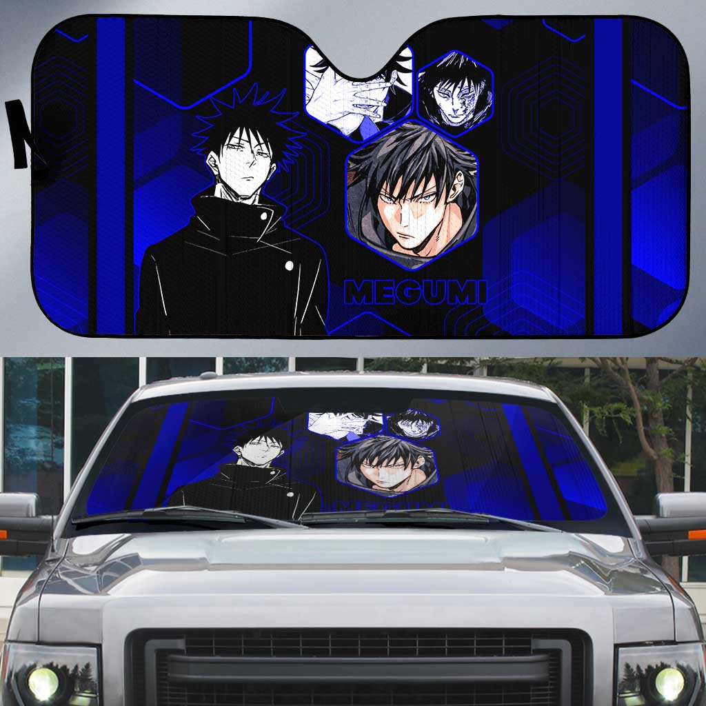 Megumi Fushiguro Jujutsu Kaisen Blue Hexagon Design Auto Sun Shade with Shadow Techniques and Manga Style Art - The Mazicc